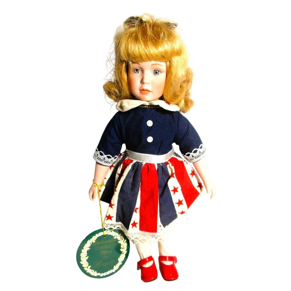 Brinn's Patriotic Porcelain Doll 12 inches with Red White Blue Outfit & Stand